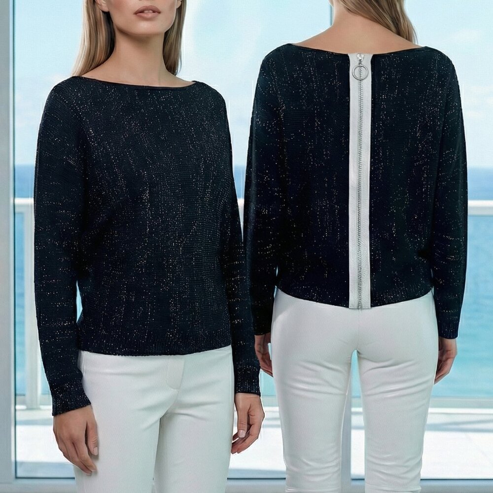 NEW! MADE IN ITALY Black and Silver Knit Sweater zips up back!